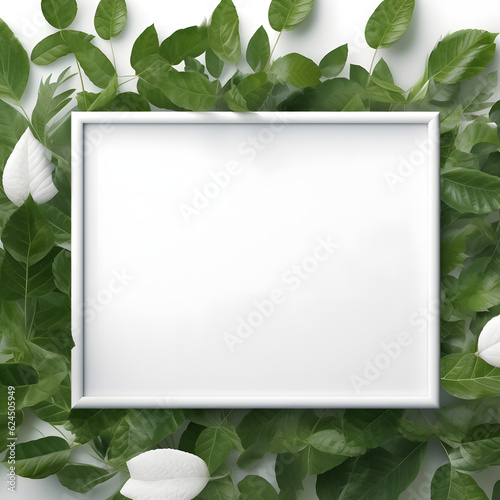 White frame surrounded by fresh green leaves and white tulips on a dark backdrop