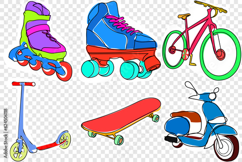 Vector illustration, doodles of youthful vehicles for travel and sports.