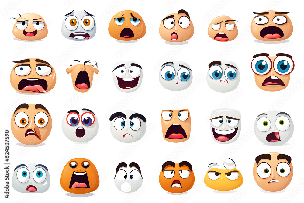 Assortment of expressive cartoon face designs on a white backdrop Assortment of expressive cartoon face designs on a white backdrop