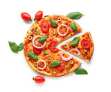 Tasty pizza with olives, tomatoes and basil on white background