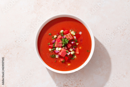 Spanish tomato and watermelon gazpacho cold soup styled and decorated in white plate with ingredients on concrete table in hard light with shadows, top view