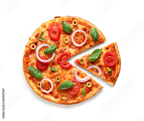 Tasty pizza with olives, tomatoes and basil on white background