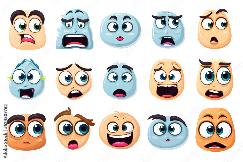 Collection of animated faces showcasing various emotions on a white backdrop Collection of animated faces showcasing various emotions on a white backdrop