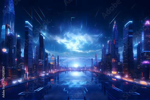 A futuristic city street under a radiant sky at night