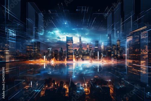 Futuristic cityscape with digital overlays and radiant lights in the heart of a metropolis