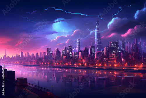Futuristic cityscape under stormy sky with glowing river reflections