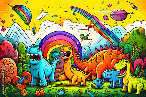 Bright cartoon dinosaurs in a magical landscape with rainbows © alexandr