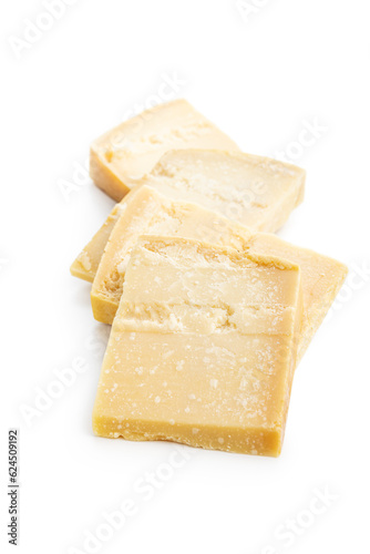 Tasty parmesan cheese isolated on white background.