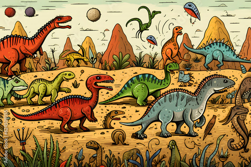 Illustrated colorful prehistoric scene with diverse dinosaurs and landscape