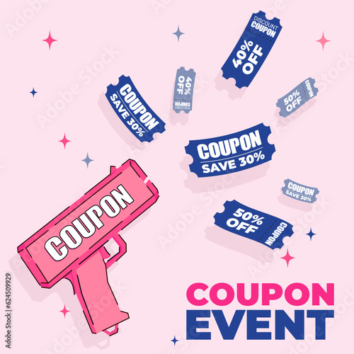 Marketing event banner template. Сoupon gun making machine vector illustration. EPS 10