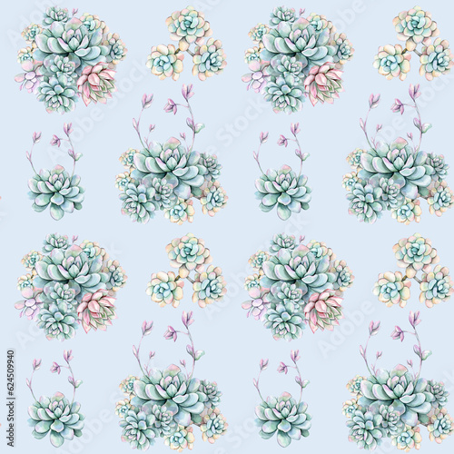 Seamless pattern with succulents. Blue background