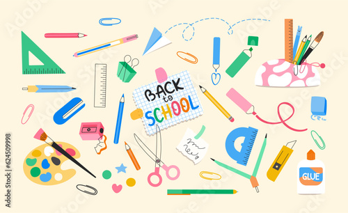 School supplies and stationery set. Writing tools, pencil, pen, rulers, highlighters, scissors, paper clips. Education, back to school concept. Vector illustration isolated on white background