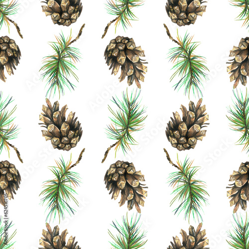 Pine branches and cones. Watercolor illustration hand drawn. Seamless pattern forest, summer, autumn on a white background.