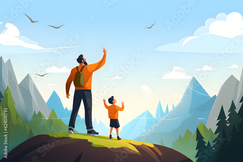 father with son walking in nature and spending outdoor quality family time together illustration