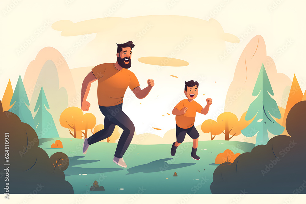 father with son running and spending happy outdoor quality family time together on father's day illustration