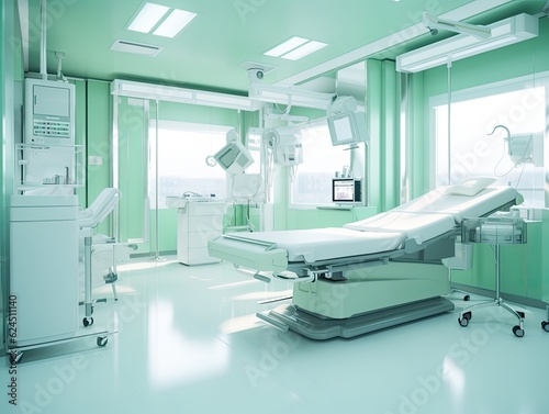 3D render of clean light hospital observation ward room interior. Generative AI
