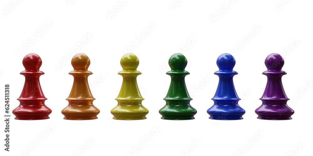 Chess pieces rainbow color isolated on transparent background, PNG