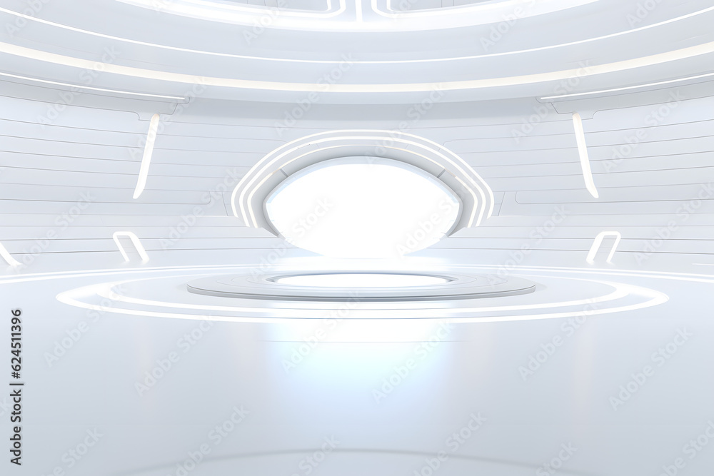 Fototapeta premium Bright white futuristic room with a centered illuminated platform
