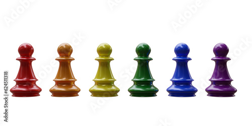 Chess pieces rainbow color isolated on transparent background, PNG. Colorful chess pawns in a row