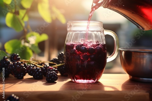 Woman pouring blackcurrant juice from jug into glass.