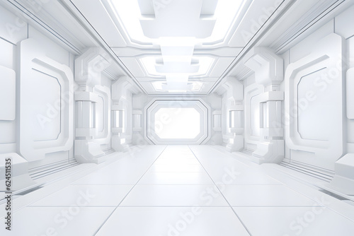 White futuristic corridor with structured walls leading to a distant exit photo