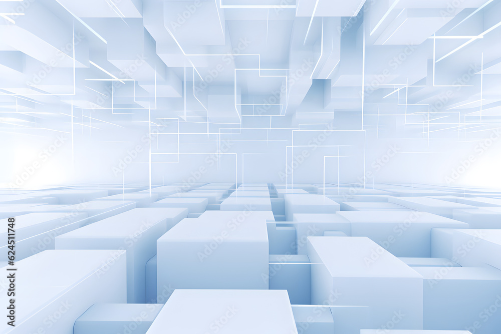 Fototapeta premium Futuristic white room with interconnected blocks and beams
