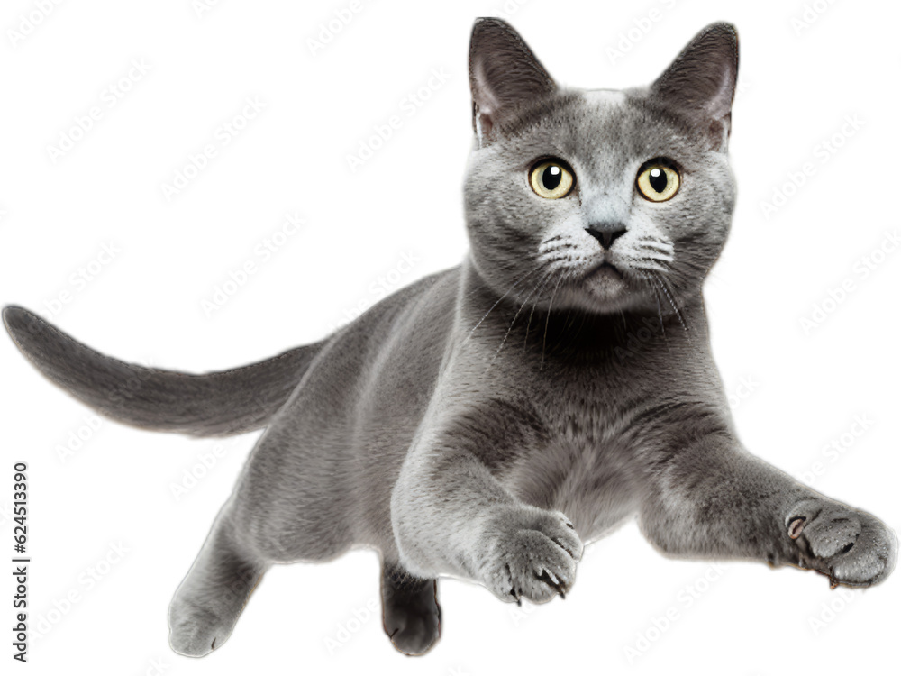 Graceful Russian Blue Cat in Mid-Leap - Transparent Background