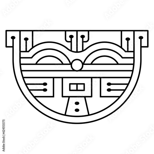 Stylized head of a cat. Geometrical feline mask. Native American animal design of ancient Peru. Paracas textile. Black and white linear silhouette.