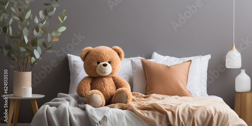 Cute teddy bear on bed in child room.