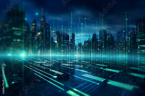 Digital city skyline with glowing blue data streams and pathways wallpaper © alexandr