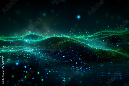 Waves of luminous digital particles flow across a deep cybernetic space © alexandr