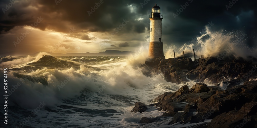 AI Generated. AI Generative. Nautical marine navy landscape with lighthouse on rock coast line with huge waves. Sea adventures vibe