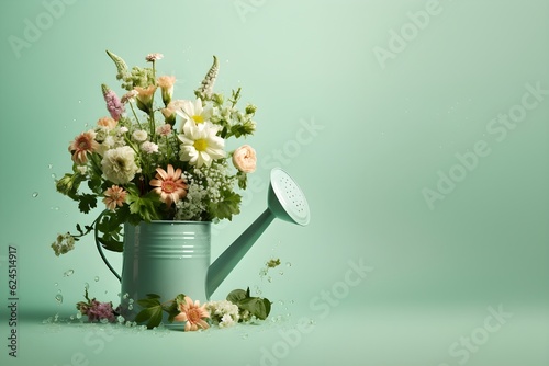 Garden watering can with flowers on dual mint background on the left side. copy space. Women's day, wedding or anniversary idea.