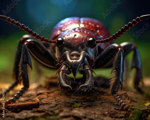 A photorealistic image of a super macro shot of Stag beetle, macro lens, emphasizing the detail and realism of image. Generative AI