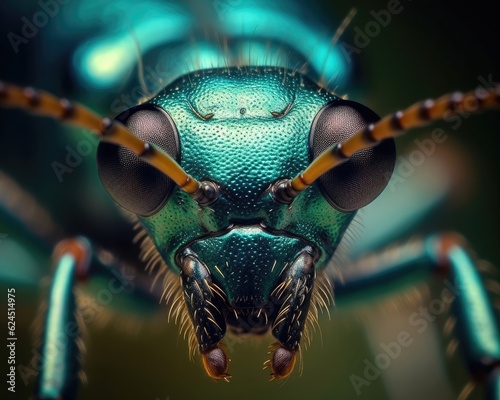 A photorealistic image of a super macro shot of Tiger beetle,  macro lens, emphasizing the detail and realism of image. Generative AI © Razvan