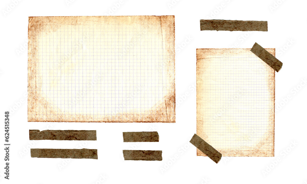 Fototapeta premium A set for decorating your background. Notebook sheets, hand-aged, decorative tape, strips of paper. Aged sheets of paper isolated on a white background. Photo album, scrapbooking, your memories.