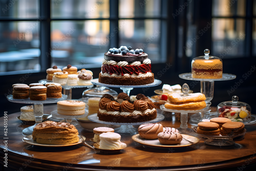 cake display with a variety of pastries