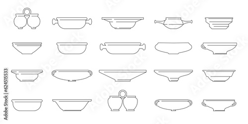 Various ceramic plate. Vector icon illustration dish. Different shapes kitchen bowl. Pottery concept. Traditional Ukrainian crockery for food. Twins ceramic product. Earthenware icon side view
