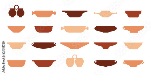 Terracotta ancient plates set. Silhouette collection of icons. Vector pottery icons for design. Ceramic pot set. Retro ceramic dishes in boho style. Clay products in traditional style