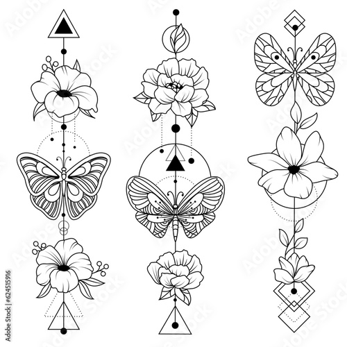 Set of arrows with flowers, branches with leaves, feather arrow, simple doodle drawing, gravure style. Butterfly flutters. Tattoo all over the body. Coloring book.