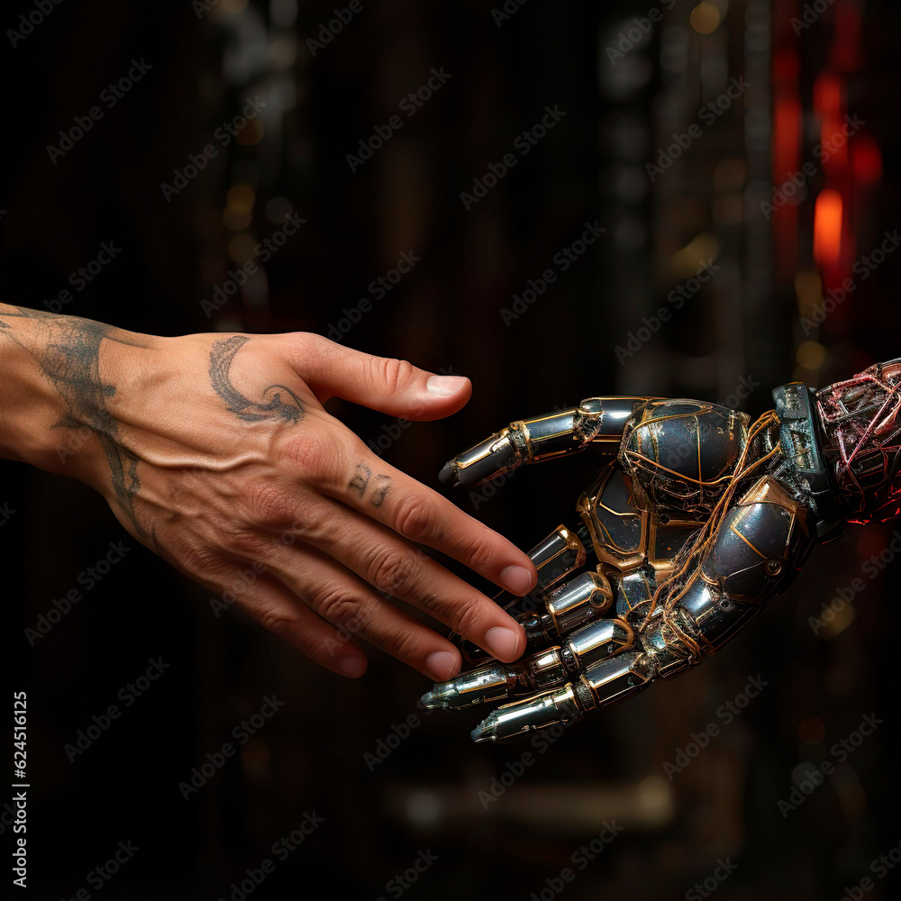 A human hand and a robotic hand reaching out to each other, Generative AI