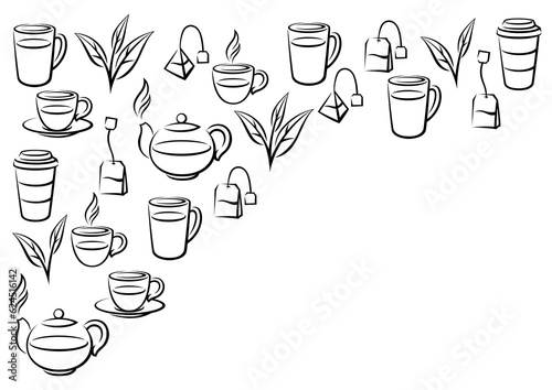 Background with tea. Illustration with tea and accessories, packs and kettles.