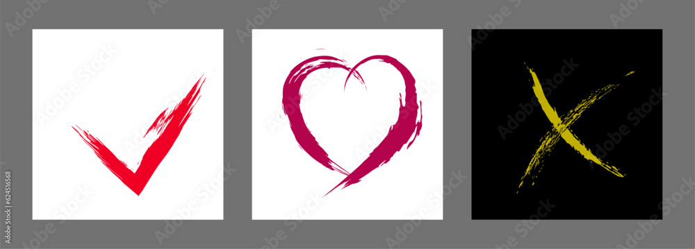 The cross, heart and OK symbol are hand-drawn with a brush. Prohibition, denial, error. Love. Approval, consent. Vector, set of 3 characters The cross, heart and OK symbol are hand-drawn with a brush. Prohibition, denial, error. Love. Approval, consent. Vector, set of 3 characters