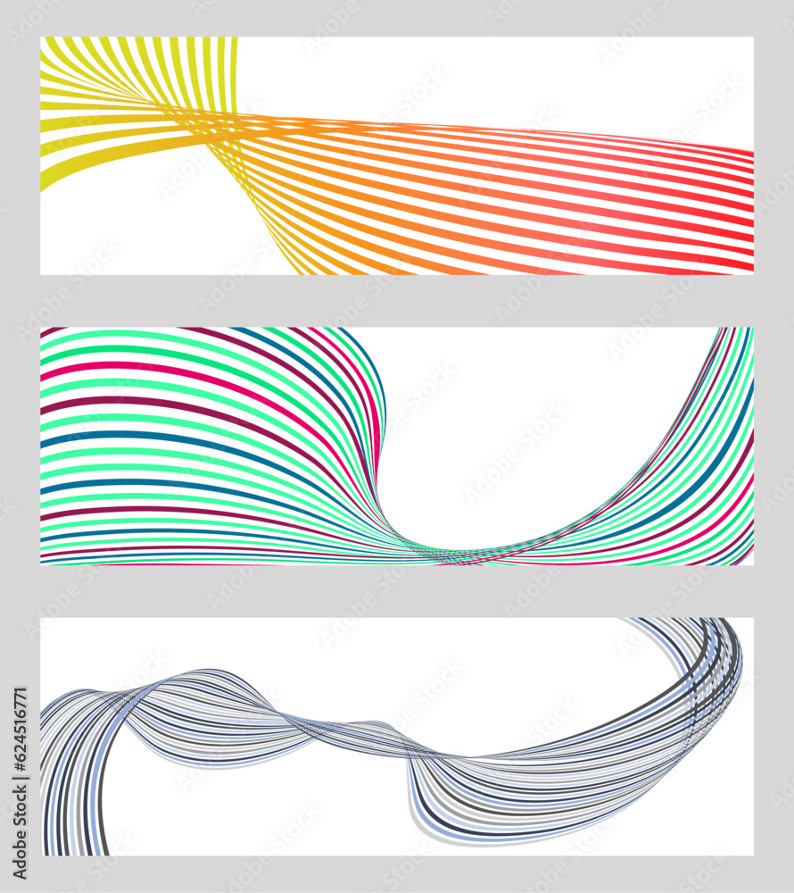 Wavy lines or ribbons. Set of 3 backgrounds. Multicolored striped gradient. Creative unusual background with abstract gradient wave lines to create a trendy banner, poster. vector eps Wavy lines or ribbons. Set of 3 backgrounds. Multicolored striped gradient. Creative unusual background with abstract gradient wave lines to create a trendy banner, poster. vector eps