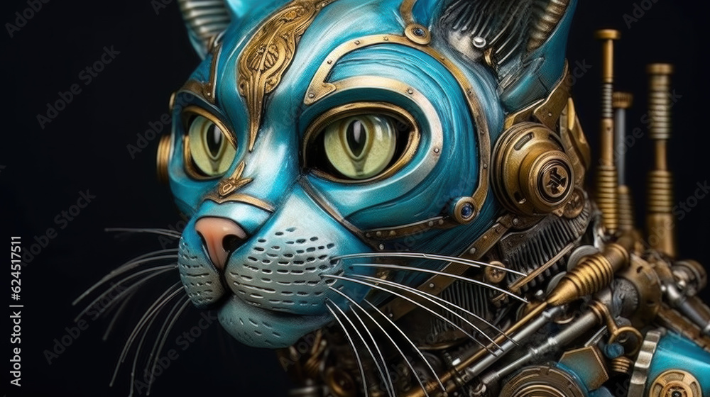 AI generated Vintage steampunk cat on dark background.