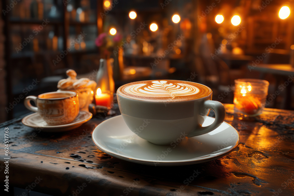 A cup of coffee in a cafe in the evening. AI generative. A cup of coffee in a cafe in the evening. AI generative.