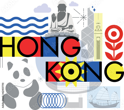 Typography word “Hong Kong” branding technology concept. Collection of flat vector web icons. Chines culture travel set, famous architectures and specialties detailed silhouette. Asian famous landmark