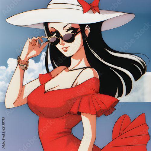 60s 70s woman frau strohut coole pose 80s 70's kleid rot taille legere ellegant business lady schwarze haare sonnenbrille pferderennen ausgehen empfang begleitung oberweite decolette generative ki photo