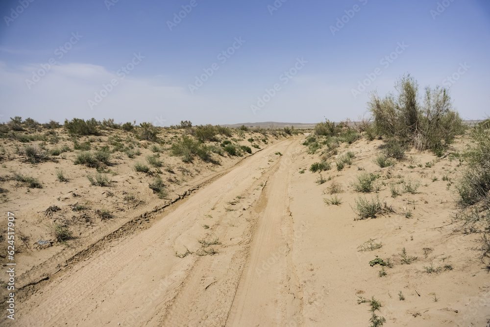Dusty car road in the middle of the Kazakh steppe, on a hot summer day Dusty car road in the middle of the Kazakh steppe, on a hot summer day