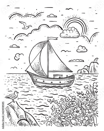 A boat with a white sail floats on the sea. Vector illustration doodle style